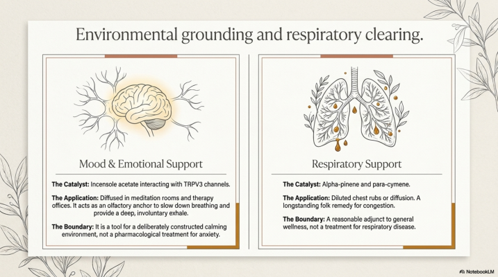 How Frankincense essential oil contributes to mood and respiratory support.