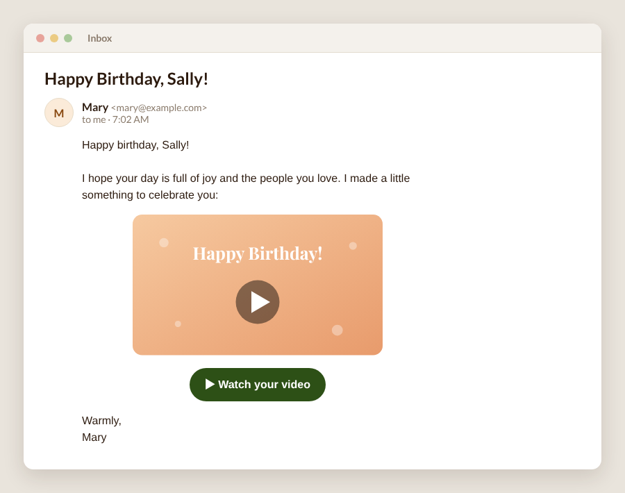 A Full Circle birthday greeting as it arrives in the inbox, with a video button