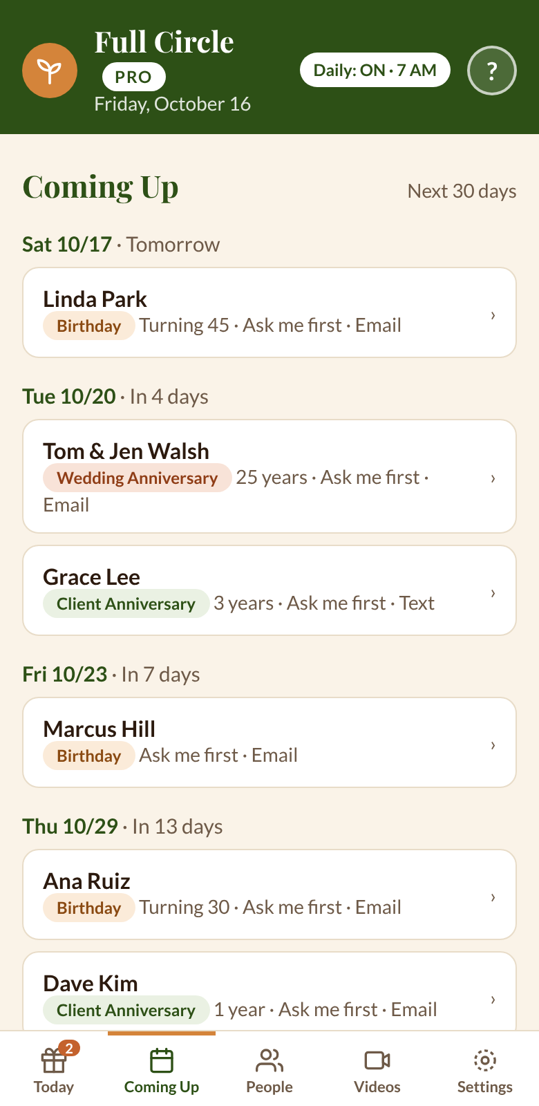 Full Circle on a phone, showing the Coming Up list for the next 30 days