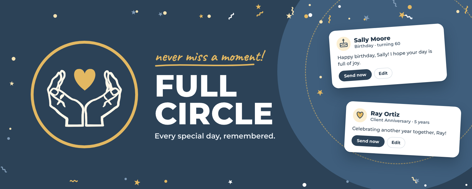 Full Circle birthday reminder app with greeting cards ready to send