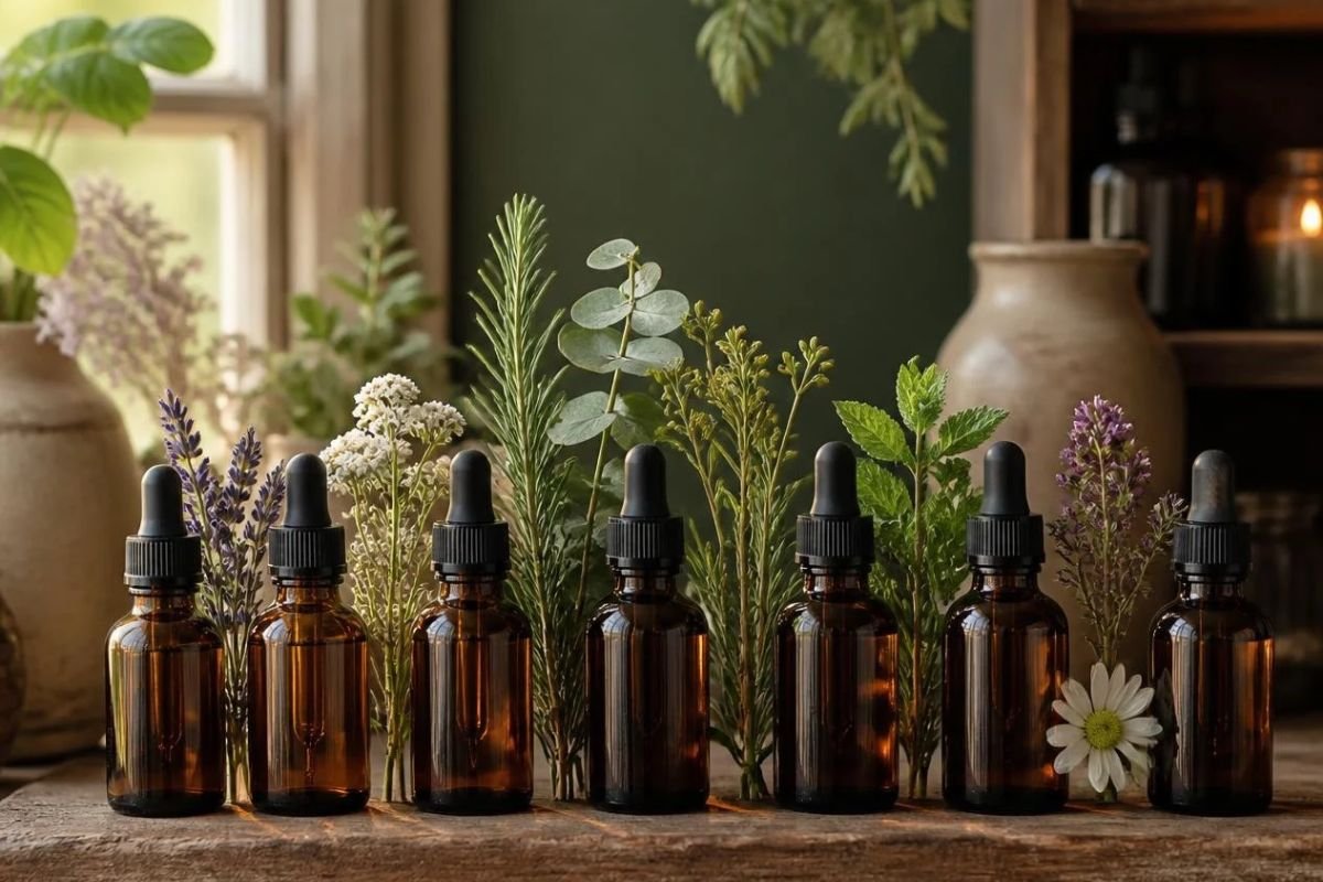 Row of amber glass essential oil bottles with fresh herbs on a wooden shelf