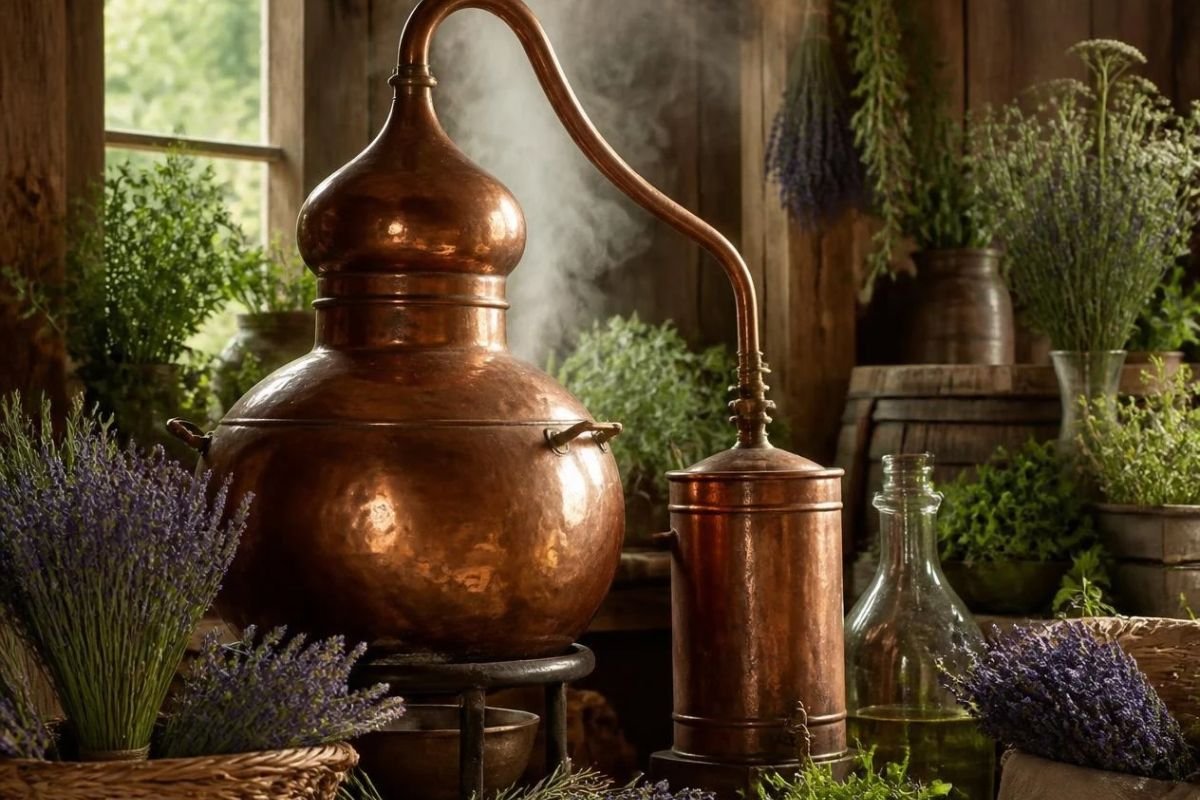 Copper steam distiller with rising steam and fresh lavender in a rustic barn