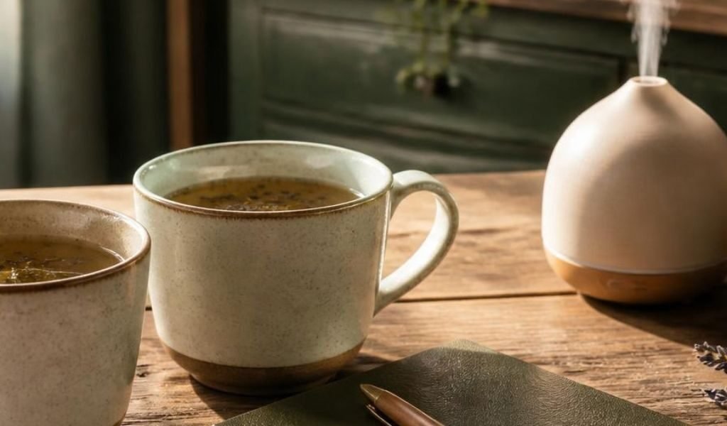 Two mugs of herbal tea on a wooden table with a notebook, a diffuser, amber essential oil bottles, and fresh lavender
