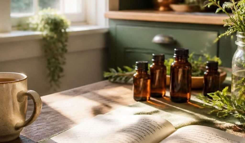 Farmhouse kitchen table with a mug of tea, an open journal, amber essential oil bottles, and fresh herbs in morning light