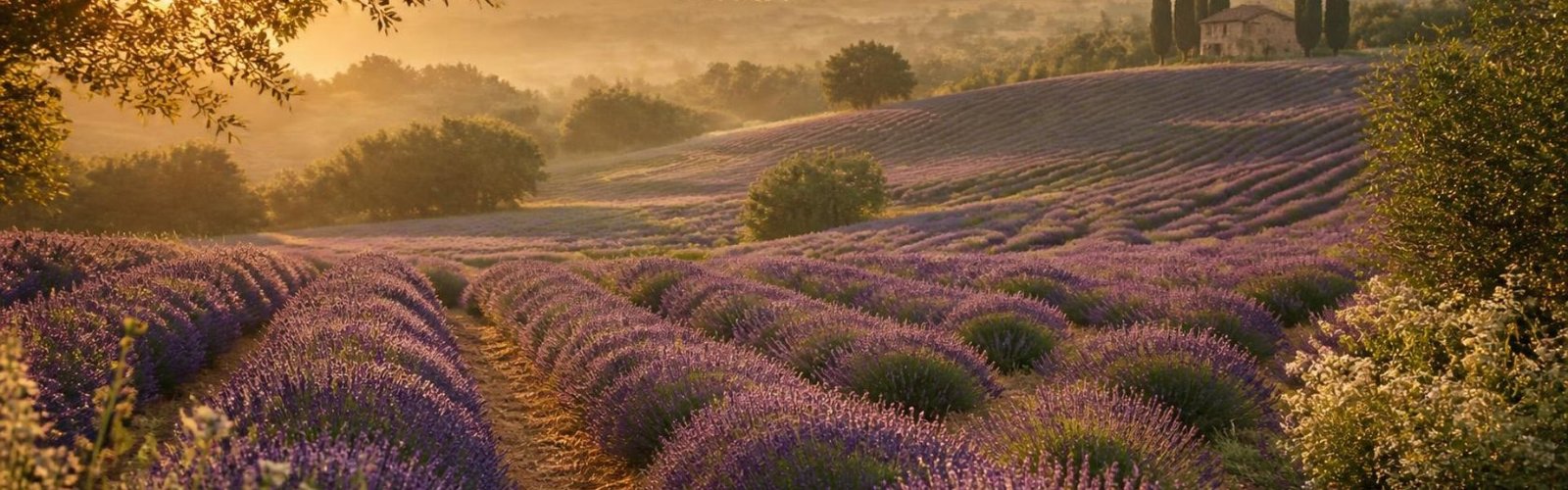 Lavender field at golden hour with rows leading toward distant trees
