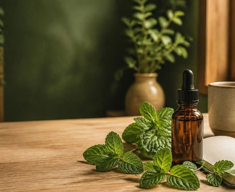 Amber bottle of peppermint oil on a wooden desk beside an open notebook and fresh peppermint leaves
