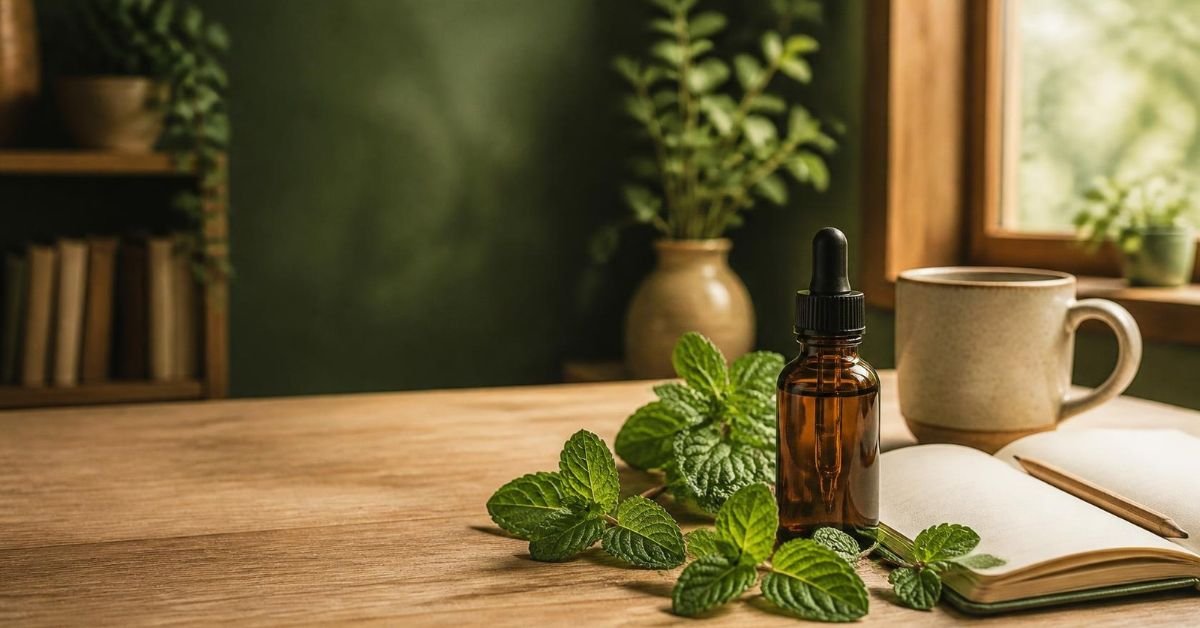 Amber bottle of peppermint oil on a wooden desk beside an open notebook and fresh peppermint leaves