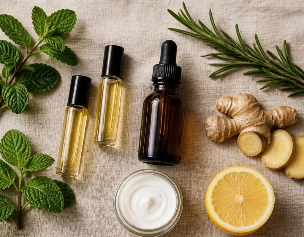 Flat lay of roller bottles, peppermint, rosemary, ginger, and lemon for homemade peppermint oil blends
