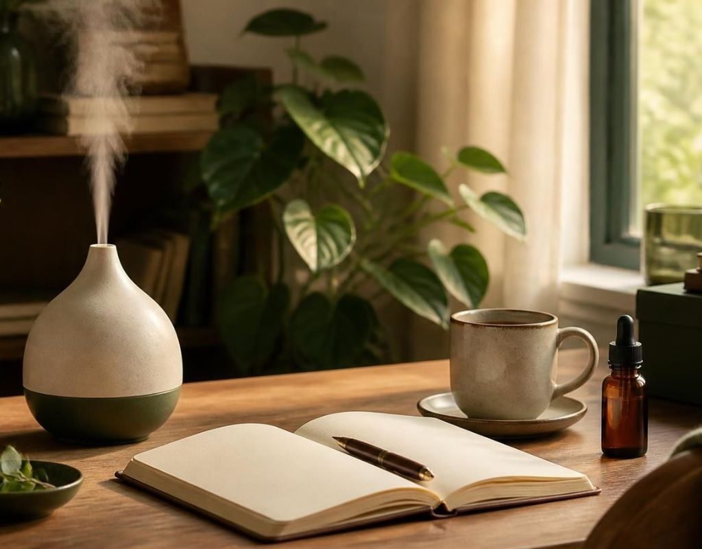 Ceramic diffuser misting beside an open notebook and coffee cup on a sunny desk