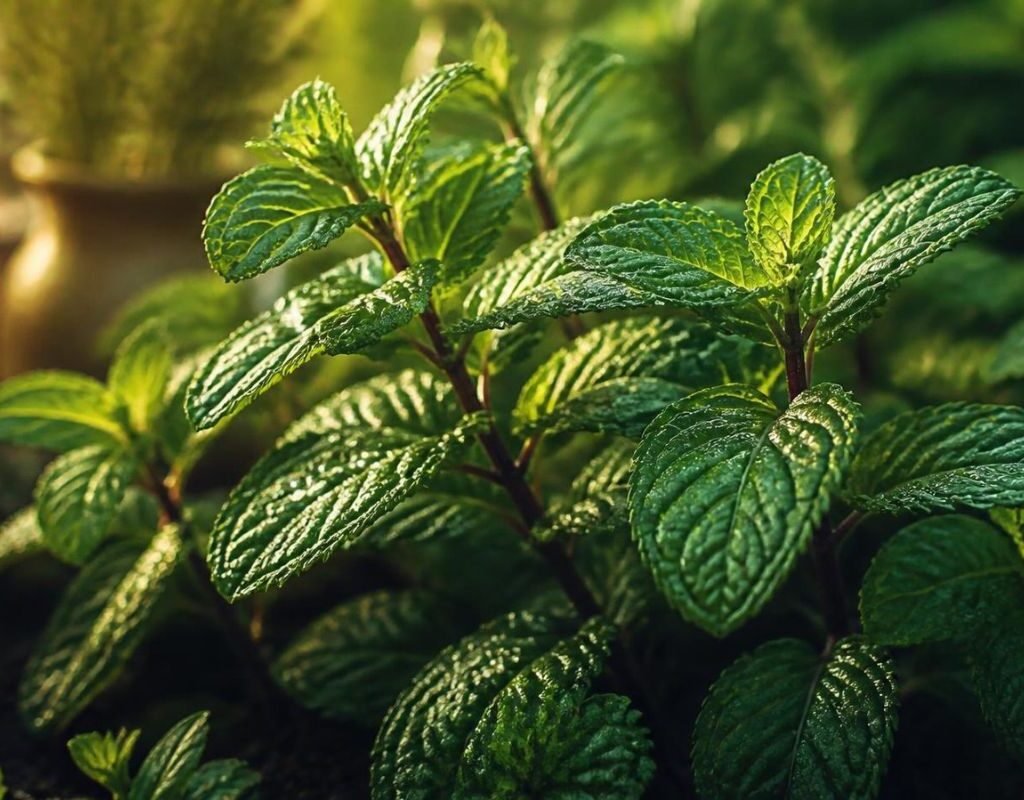 Close-up of fresh green peppermint leaves with purple-tinged stems in a garden