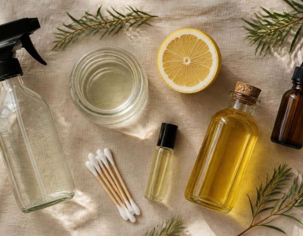 Flat lay of homemade cleaning and skin care supplies with tea tree oil, lemon, vinegar, and jojoba on linen