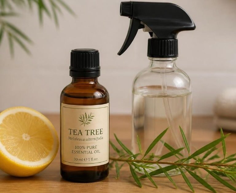 Amber bottle of tea tree oil on a wooden counter beside a glass spray bottle, lemon, and tea tree leaves