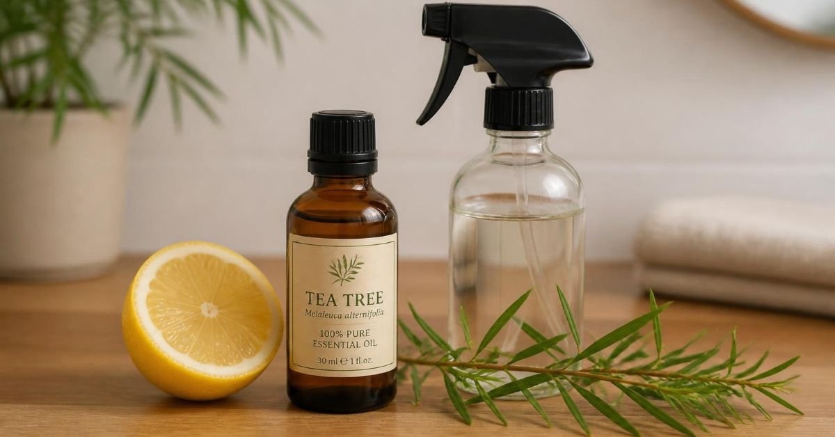Amber bottle of tea tree oil on a wooden counter beside a glass spray bottle, lemon, and tea tree leaves
