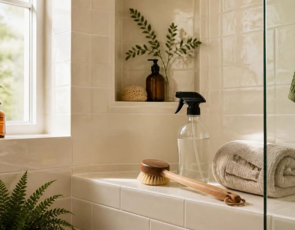 Glass spray bottle and scrub brush on the ledge of a clean tiled shower