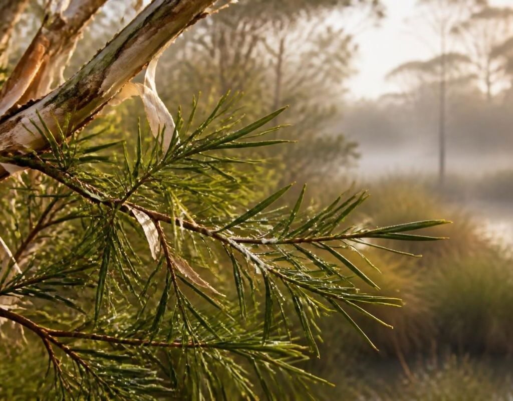Close-up of narrow green tea tree leaves and papery bark on a Melaleuca alternifolia branch